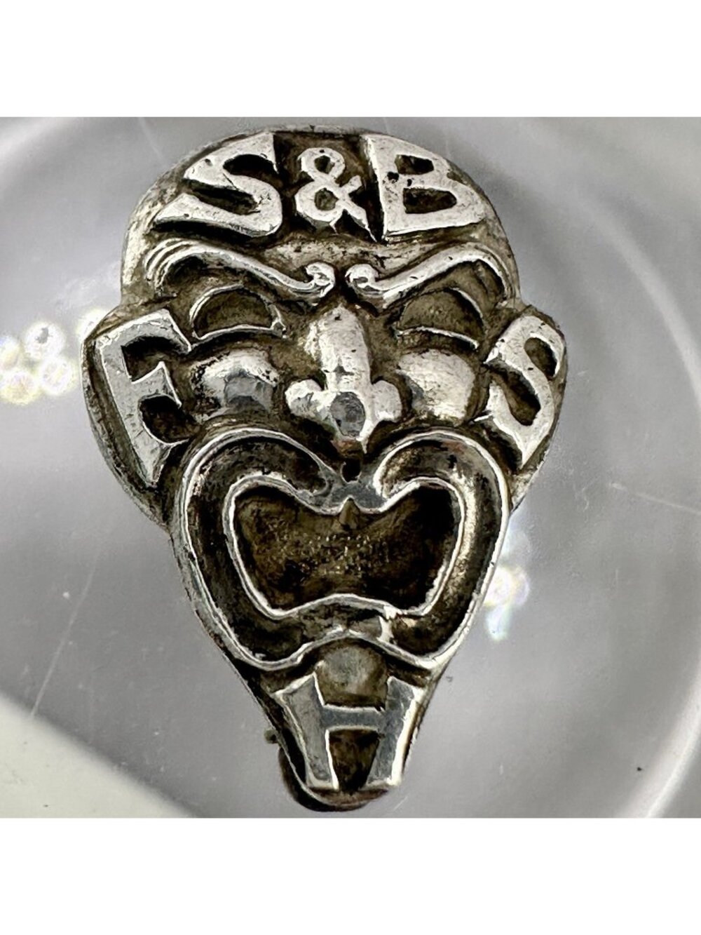Comedy Theatre Mask Pin S&B F S H Brooch J.R. Friedberg Sterling Silver Initial